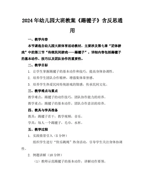 2024年幼儿园大班教案《踢毽子》含反思通用