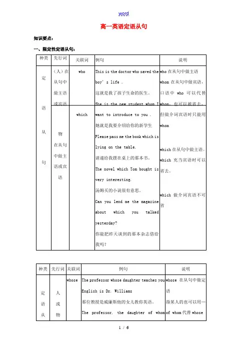 高一英语定语从句 人教版 教案
