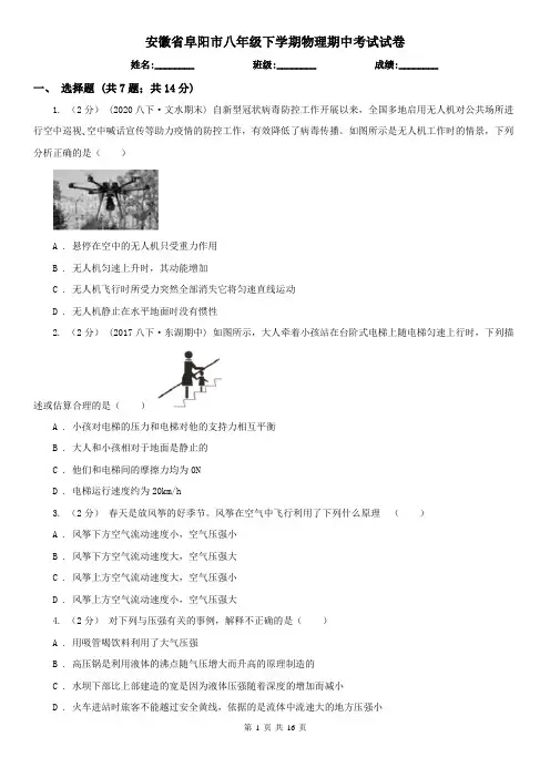安徽省阜阳市八年级下学期物理期中考试试卷