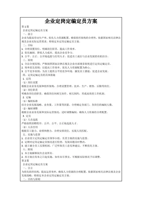企业定岗定编定员方案