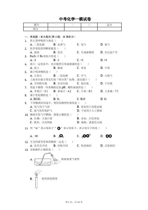 2020年上海市松江区中考化学一模试卷解析版 
