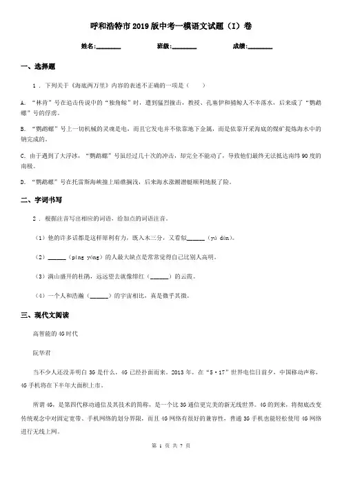 呼和浩特市2019版中考一模语文试题(I)卷