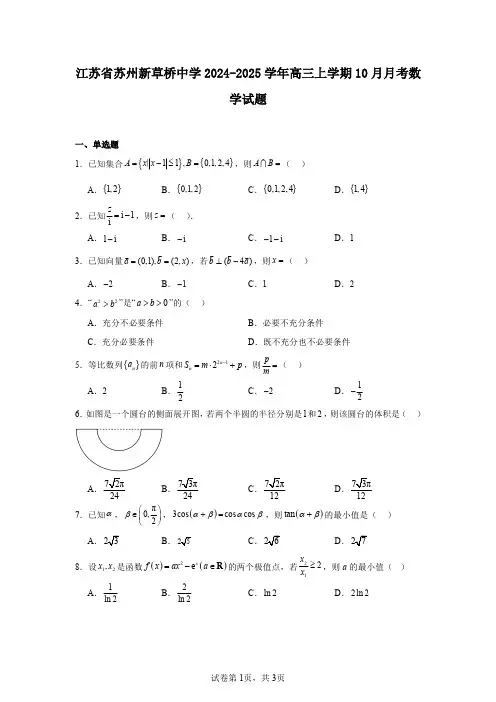 江苏省苏州新草桥中学2024-2025学年高三上学期10月月考数学试题