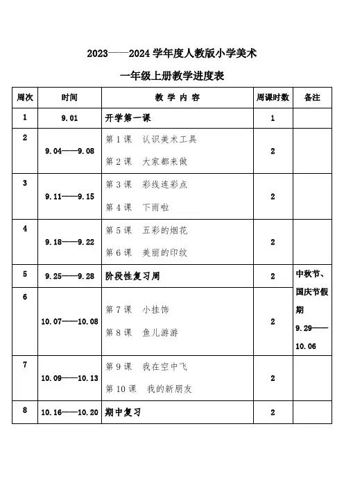 2023年秋学期人教版小学美术一年级上册教学进度表