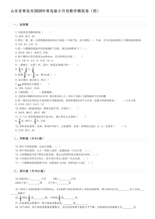山东省青岛市2020年青岛版小升初数学模拟卷(四)及参考答案
