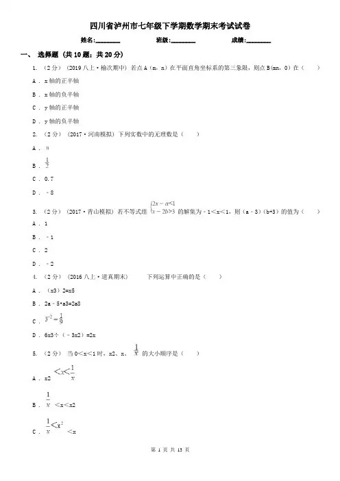 四川省泸州市七年级下学期数学期末考试试卷