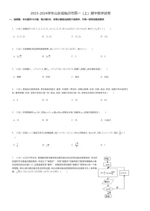 高中数学 2023-2024学年山东省临沂市高一(上)期中数学试卷 