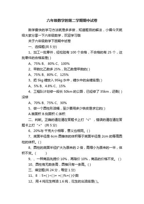 六年级数学的第二学期期中试卷