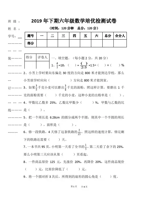 2019年下期六年级数学培优检测试卷