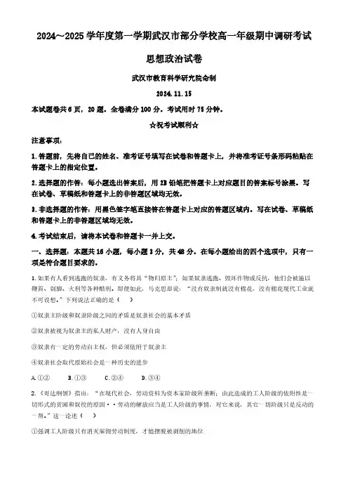 湖北省武汉市部分学校2024-2025学年高一上学期期中考试政治试题(无答案)