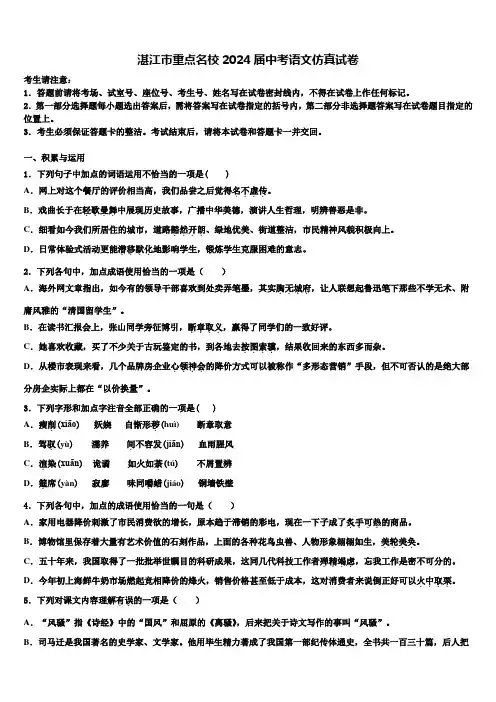 湛江市重点名校2024届中考语文仿真试卷含解析