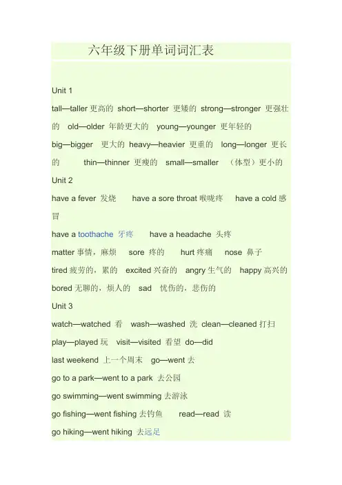 六年级英语下册单词词汇表