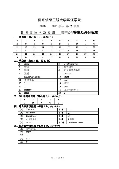 2010-2011(2)数据库技术及应用课程试卷A卷答案及评分标准