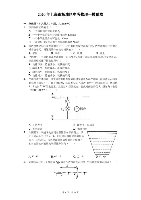 2020年上海市杨浦区中考物理一模试卷(含答案解析)