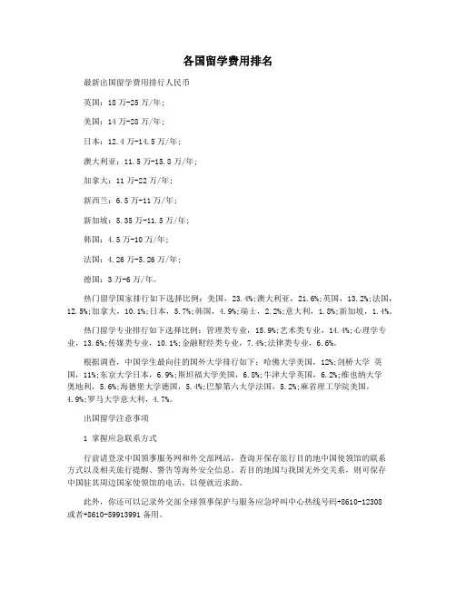 各国留学费用排名