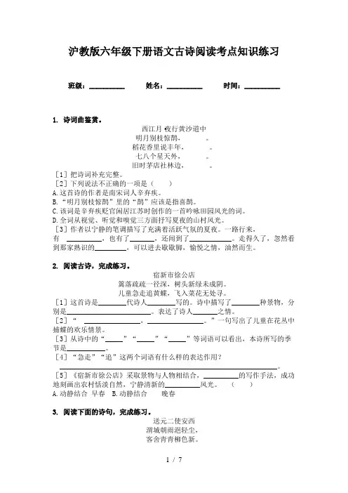 沪教版六年级下册语文古诗阅读考点知识练习