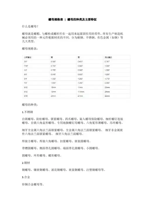螺母规格表,螺母的种类及主要特征