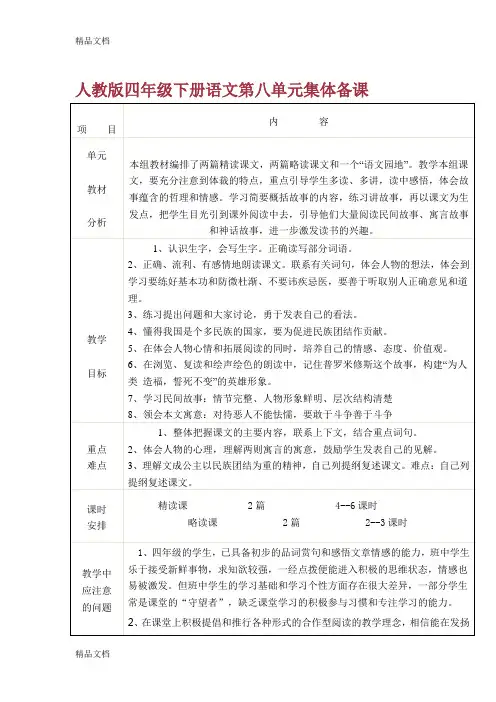 最新人教版四年级下册语文第八单元集体备课