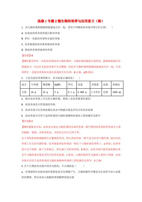人教版高中生物选修1专题2微生物的培养与应用复习(练)(教师版)