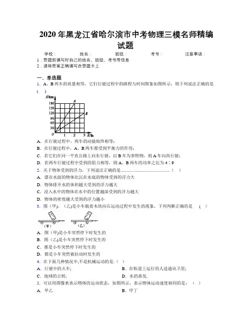 2020年黑龙江省哈尔滨市中考物理三模名师精编试题附解析