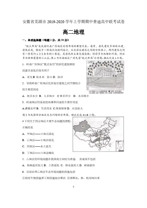 安徽省芜湖市2019-2020学年高二上学期期中(联考)地理试卷 含答案