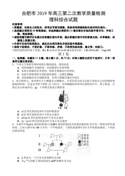 安徽省合肥市2019年高三第二次教学质量检测理科综合试题
