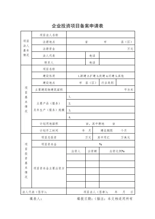 企业投资项目备案申请表