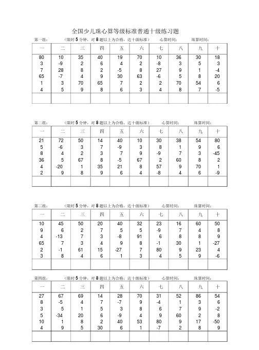 全国少儿珠心算等级标准普通十级练习题
