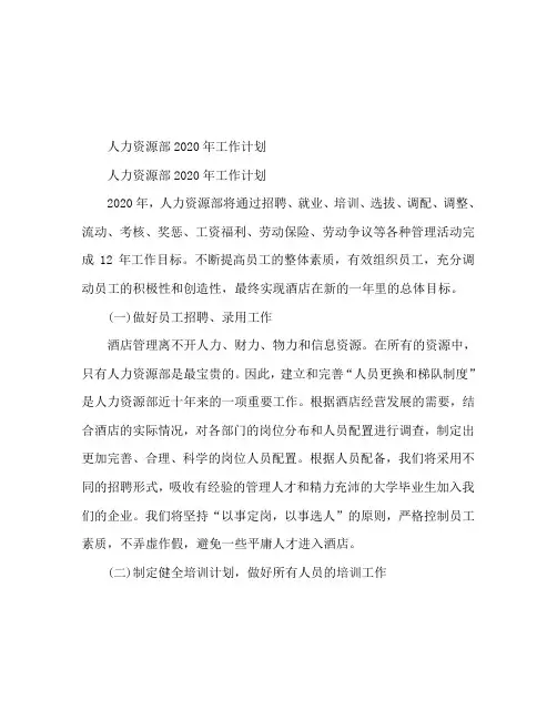 2020年人力资源部工作计划