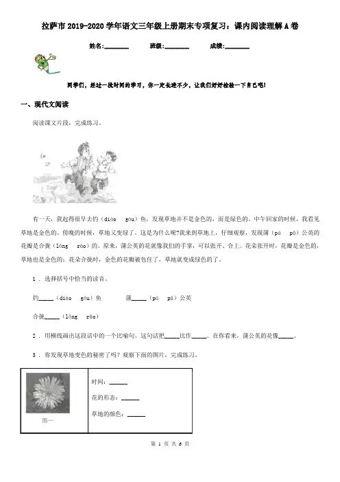 拉萨市2019-2020学年语文三年级上册期末专项复习：课内阅读理解A卷