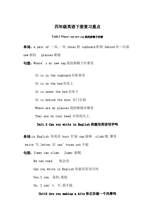 湘少版英语四级下册复习重点