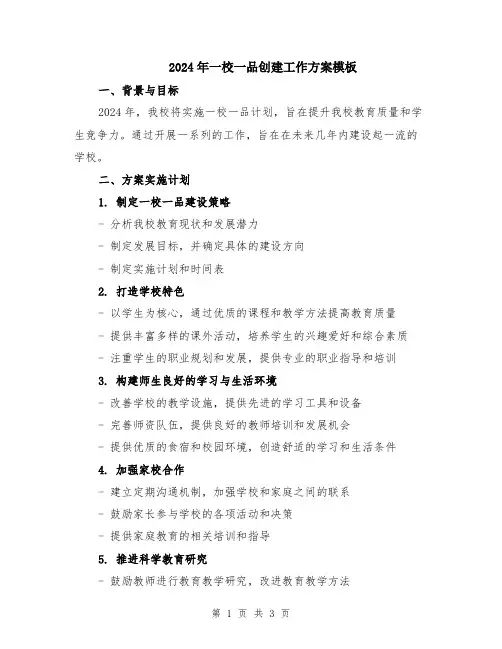 2024年一校一品创建工作方案模板
