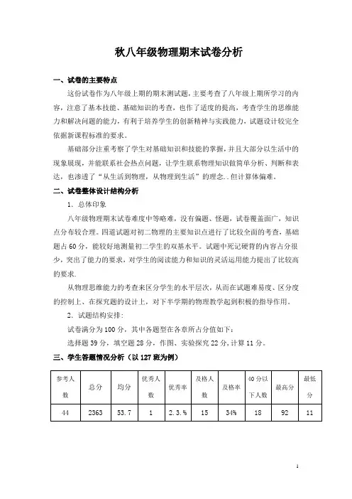 5年秋八年级物理试卷分析