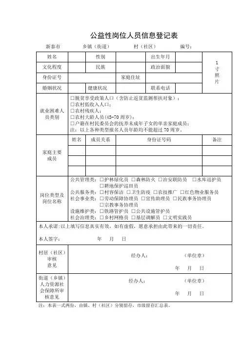 公益性岗位人员信息登记表