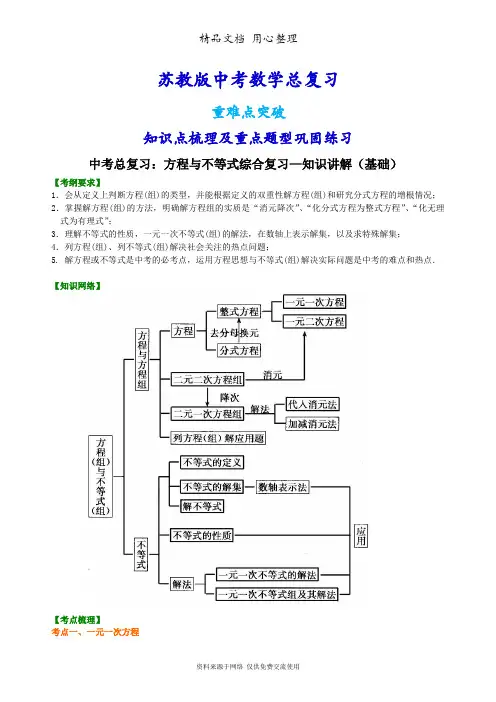 苏教版数学中考总复习[中考总复习：方程与不等式综合复习--知识点整理及重点题型梳理](基础) 
