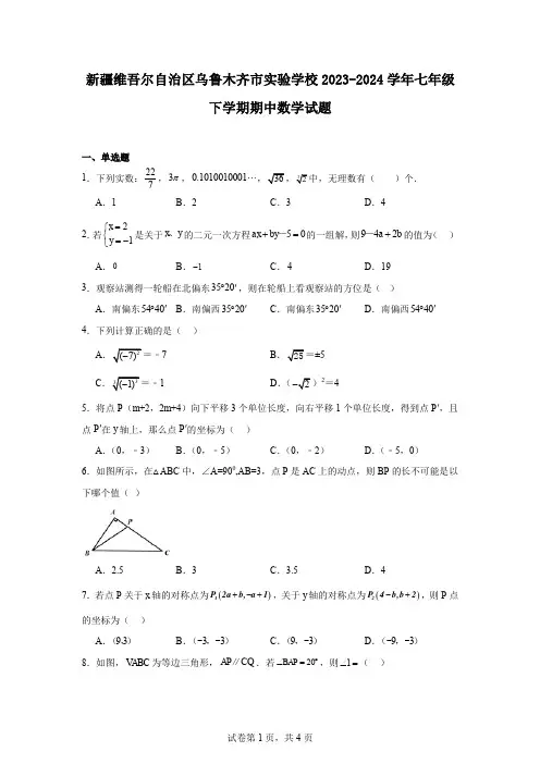 新疆维吾尔自治区乌鲁木齐市实验学校2023-2024学年七年级下学期期中数学试题