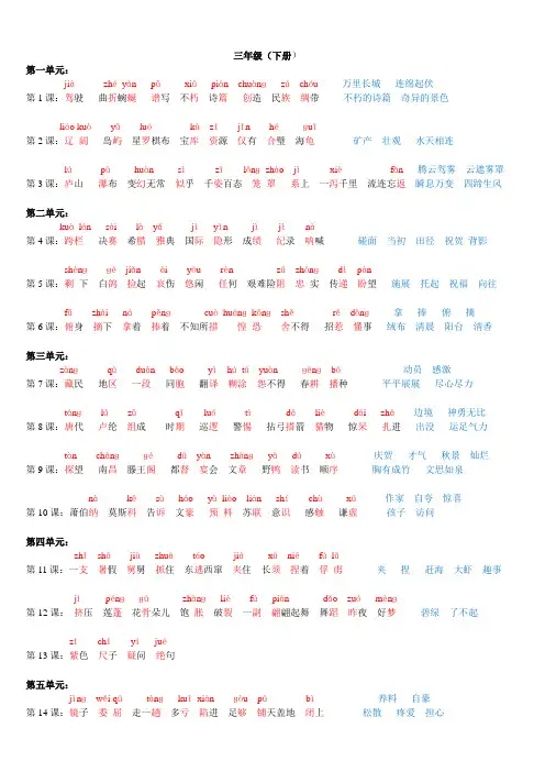 苏教版语文三年级下册字词一览表(注有拼音)