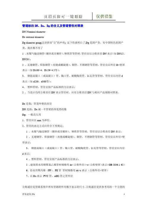 管道标注DN、De、Dg的含义及管道管径对照表(优质二类)
