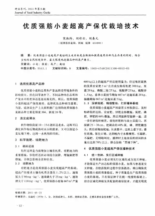 优质强筋小麦超高产保优栽培技术