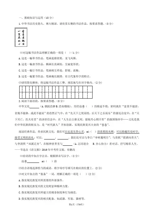 海南省2019年中考真题试题(语文)