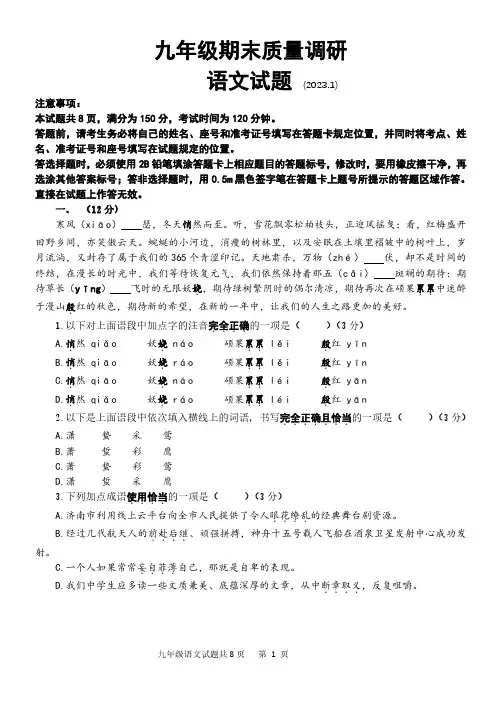 山东省济南市市中区2022-2023学年九年级上学期期末考试语文试题