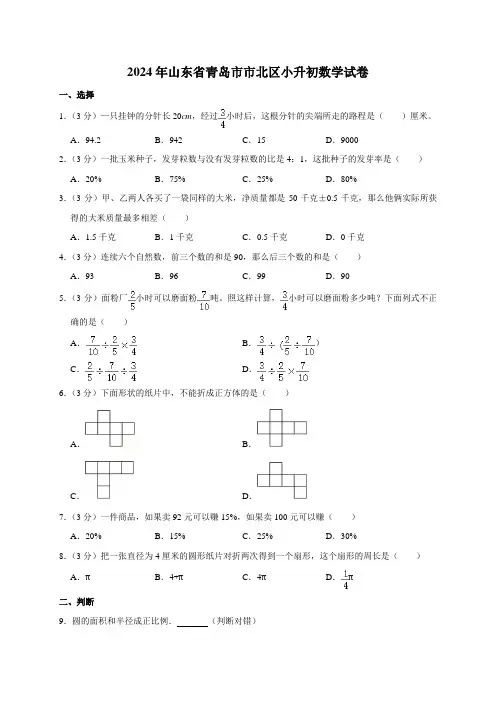 2024年山东省青岛市市北区小升初数学试卷(原卷全解析版)