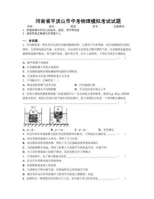最新河南省平顶山市中考物理模拟考试试题附解析