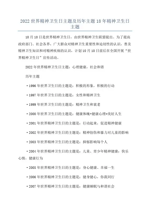 2022世界精神卫生日主题及历年主题18年精神卫生日主题