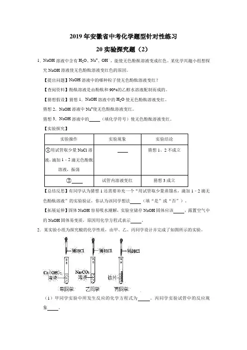 2019年安徽省中考化学题型针对性练习 20实验探究题(2)(word解析版)