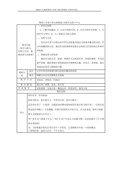 2019年人教版物理八年级下册全册教案(含教学反思)