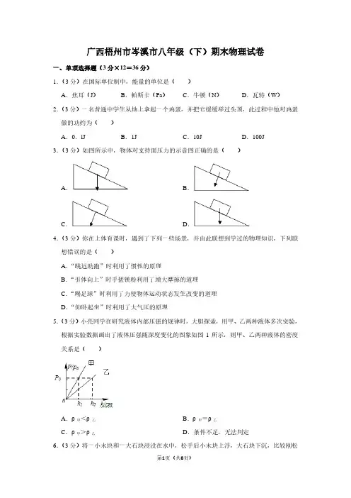 广西梧州市岑溪市八年级(下)期末物理试卷