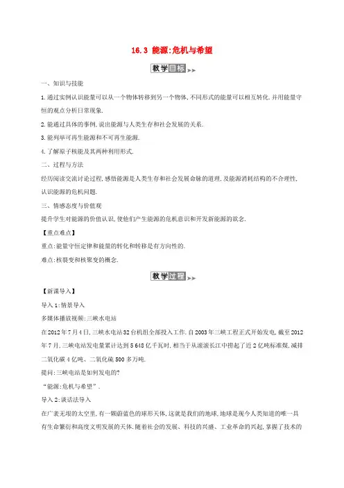 九年物理全册16.3能源危机与希望教案新版北师大版