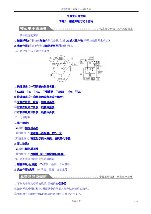 高中生物二轮复习练习：专题三_细胞呼吸与光合作用_专题复习自查案_专题3