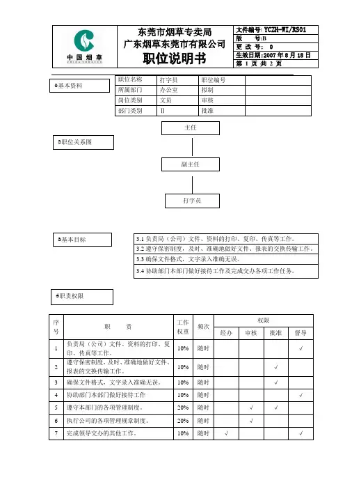 打字员岗位说明书范例(2)